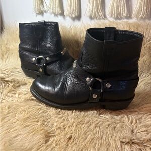 Black Leather Ankle Boots with Buckle Detail moto leather pull on harness